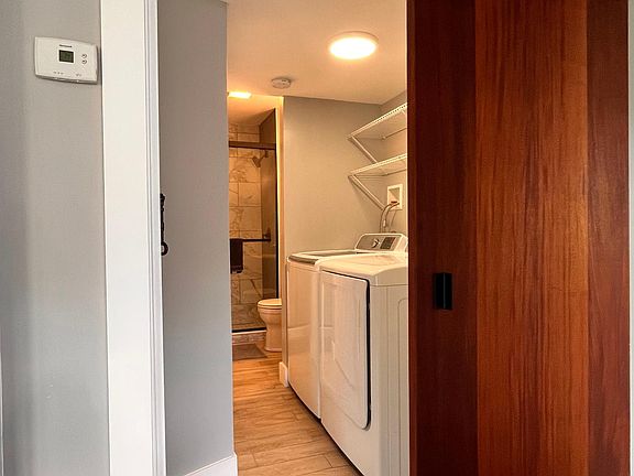 Washer and drier, mahogany barn door