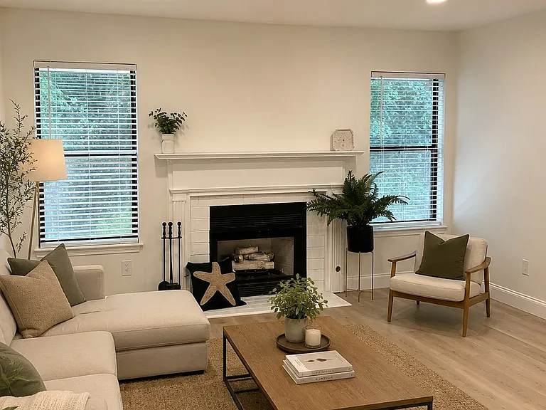 Livingroom with NEW Hardwood floors. Digitally Staged