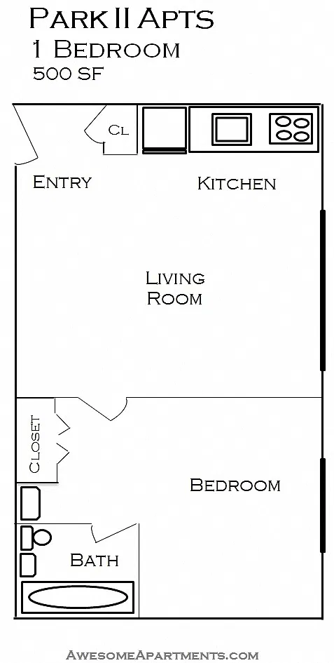 Floor plan 1 Bedroom 1 Bath (sm/med)