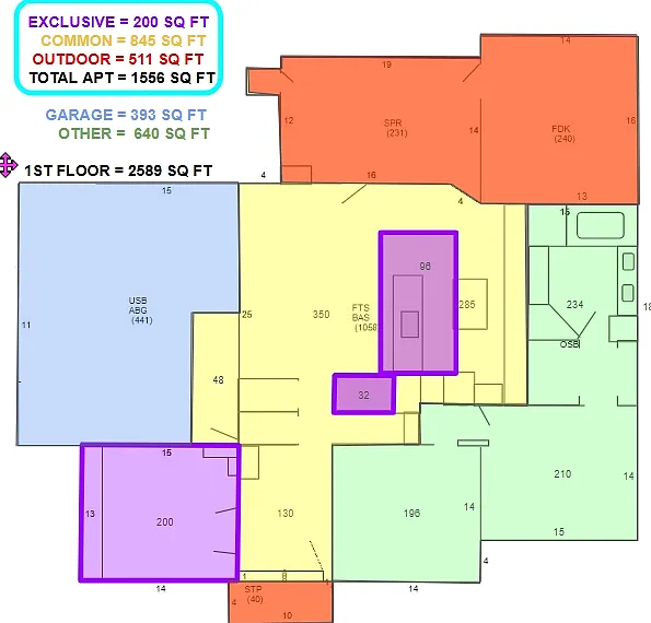 This is the 1st floor layout. Purple areas are part of the lease with this room. The largest room is the bedroom - Downstairs. The next largest room is the shared bathroom - Upstairs. The smallest room is the exclusive 1/2 bath - Downstairs.
