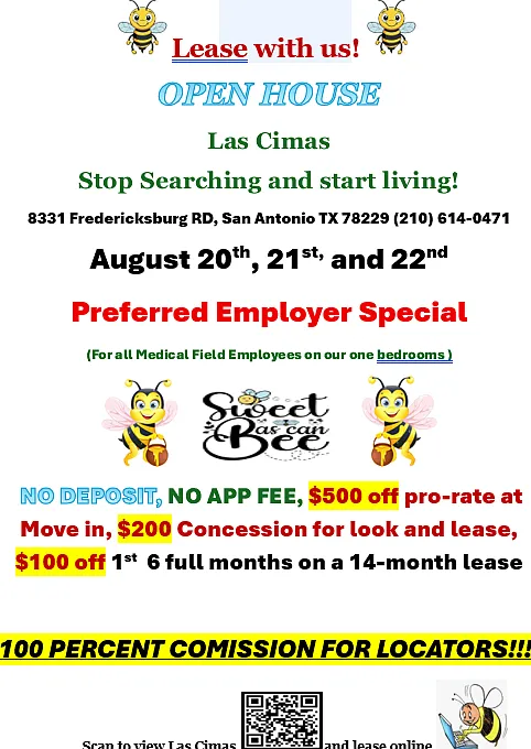 Ask About our great move in special , We will be waiting for you for our Open House here At Las Cimas Apartments. Let us help you find the right apartment for you ____