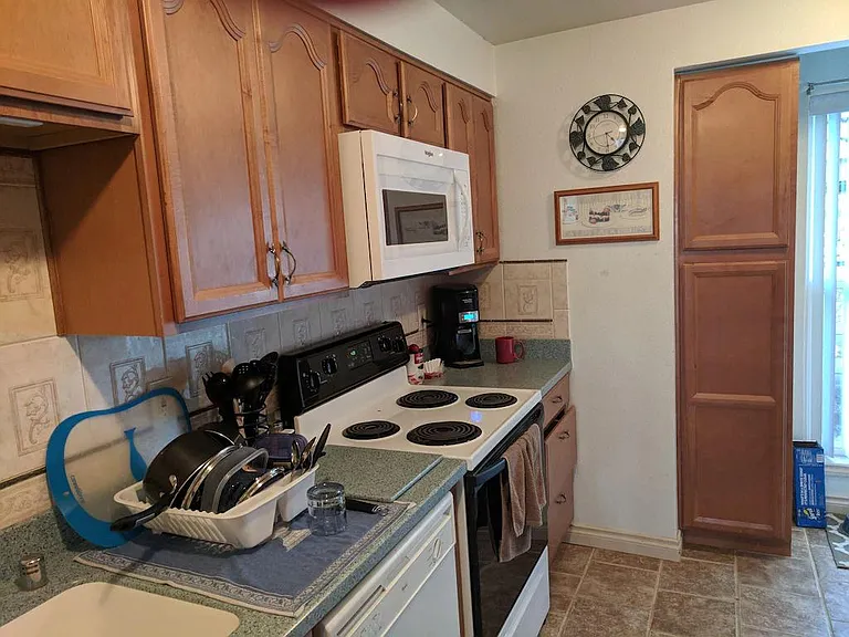 Dishwasher, stove, microwave.