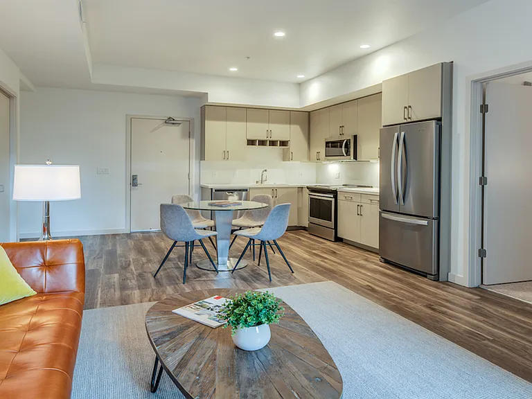 Wood plank-style flooring with expansive windows and natural light