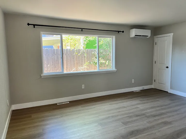 Bright, large living room with brand new, pet-friendly LVP flooring & efficient mini-split climate control with air conditioning.