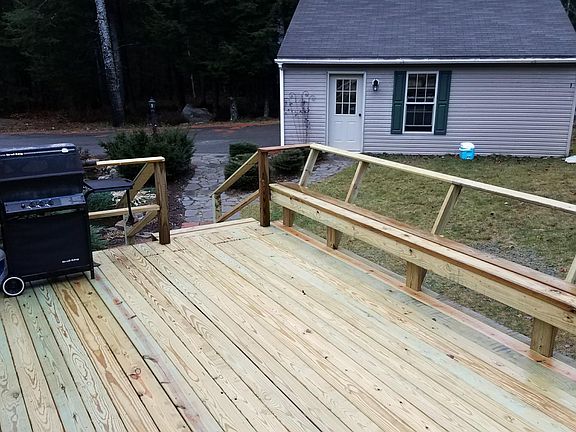 View of garage from new deck