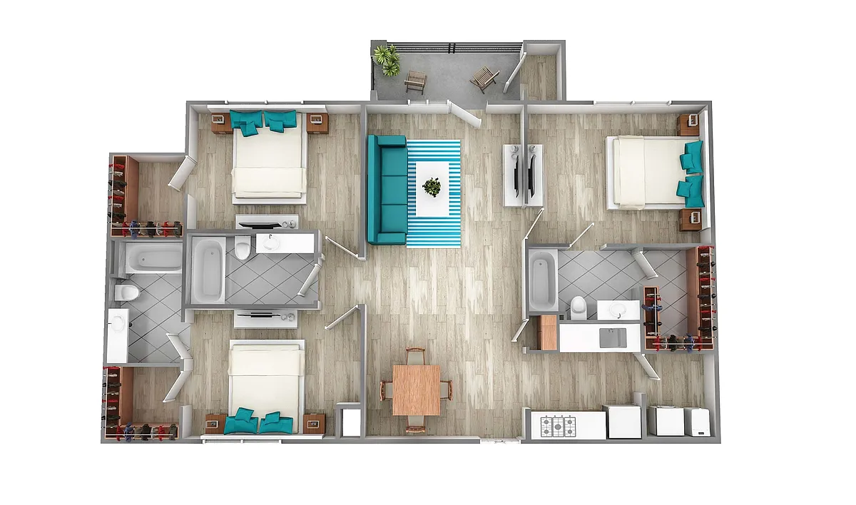 Floor plan Three Bedroom Three Bath (1259 SF)