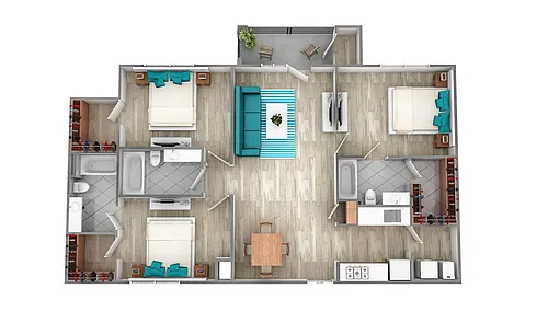 Floor plan Three Bedroom Three Bath (1259 SF)