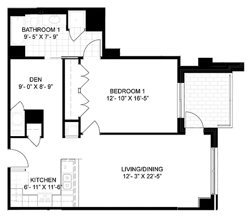 Floor plan 1 Bed/1 Bath Den-B01