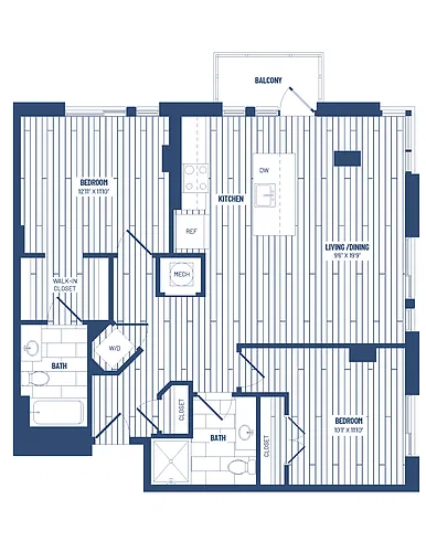 Floor plan 2 Bed/2 Bath-H2E-Balcony