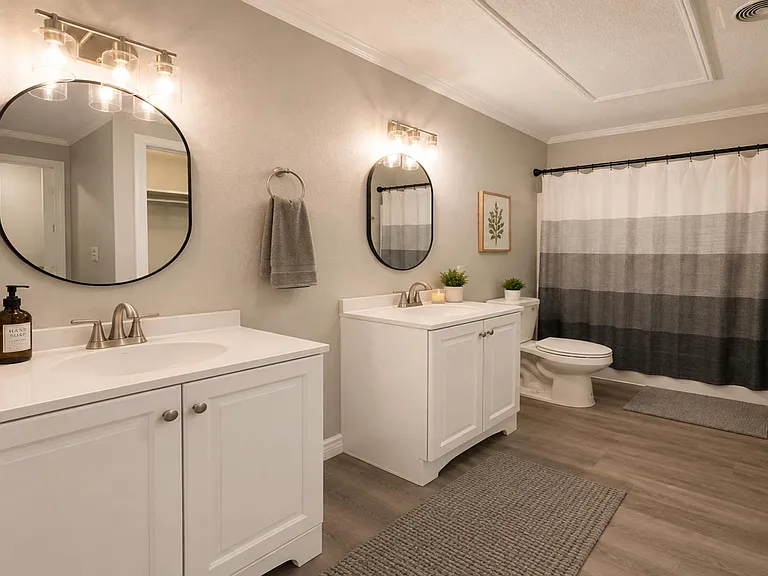 Spacious bath with dual vanities, ample counter space, and a tub/shower combo with curtain for easy daily routines.
