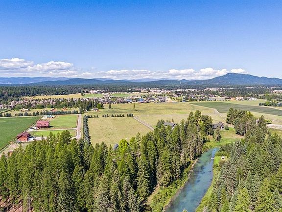 Aerial view from above Whitefish River (behind the house) looking towards town. You can see Monterra, River Lakes, and Smith Fields in the foreground and Logan Health Whitefish in the background.