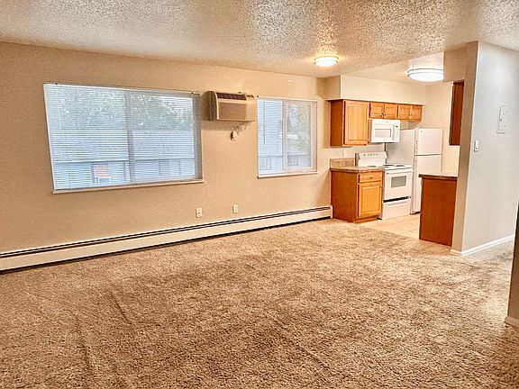 Bright and airy apartment with spacious carpeted living area and cozy kitchen featuring wooden cabinetry and modern appliances.