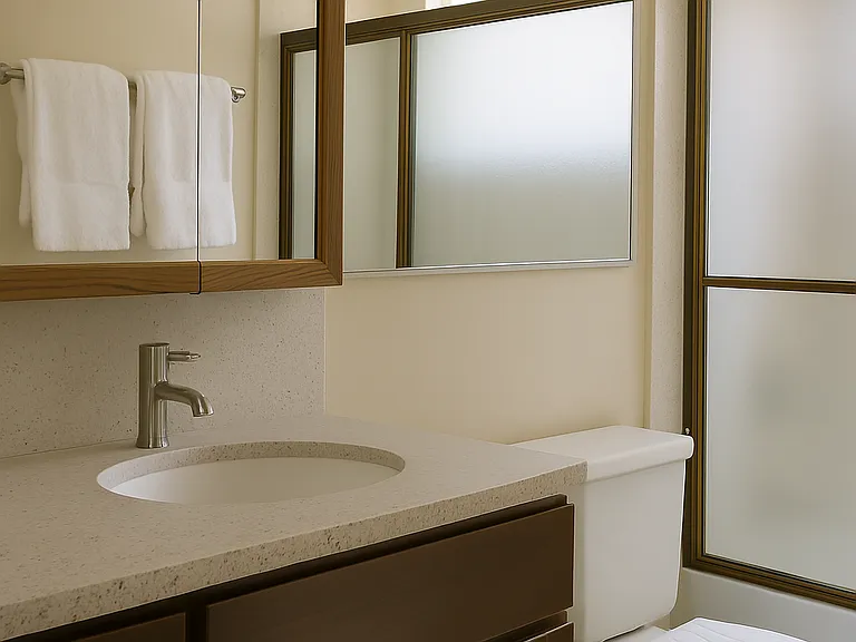 The second bath has a tub and a shower enclosure with a deep window ledge for toiletries.