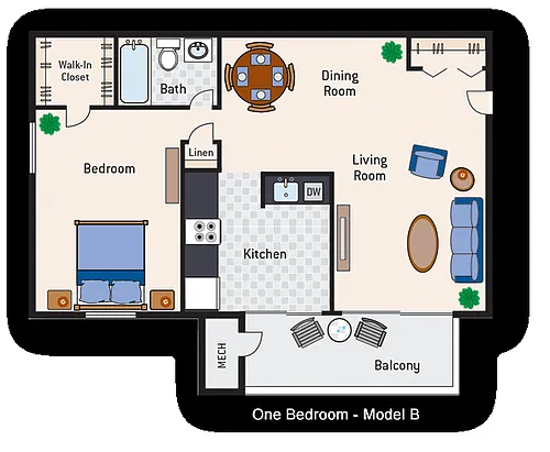 Floor plan 1 Bedroom 1 Bath Type B