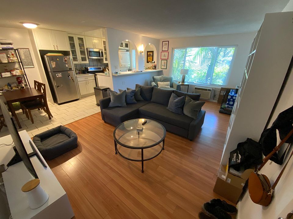 Large living room with open concept kitchen - hardwood floors, and really great picture windows.