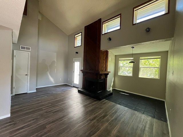 1st View upon entering the apartment, very bright spaces, laminate floors, large windows with lots of natural light, wood-burning fireplace, small closet, and access to a terrace.