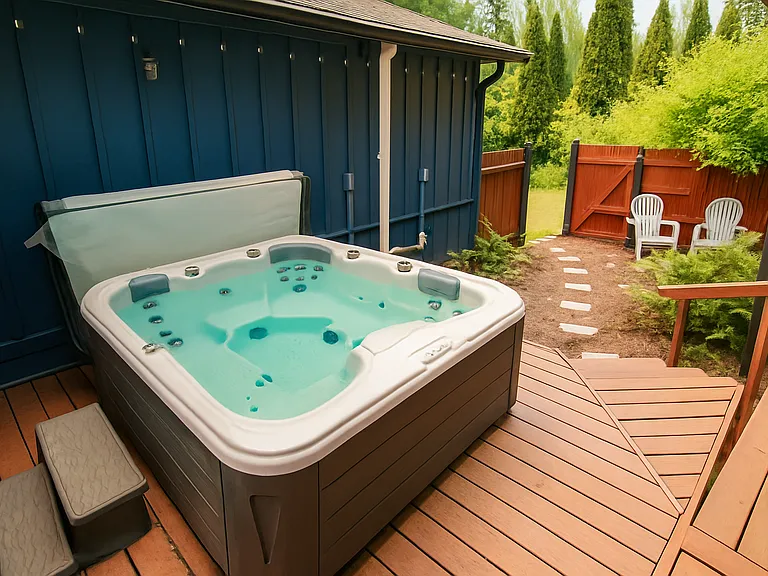 Cozy and private hot tub retreat _Unwind under the stars or start your morning with a soothing soak surrounded by lush greenery. Perfect for peaceful getaways and quiet moments.