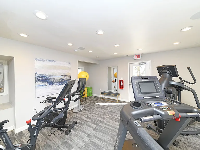 Elevate your workout experience in this chic and well-equipped fitness room.