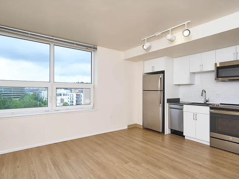 Studio and Kitchen with Stainless Steel Appliances