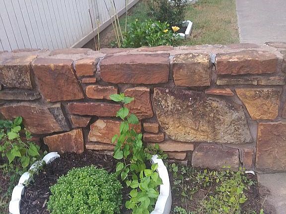 Planter in front of stone wall