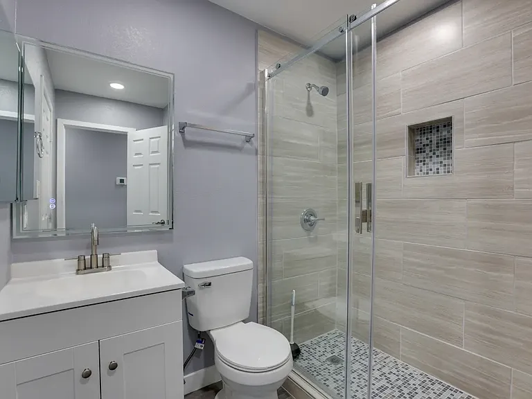 smart mirror and walk-in shower