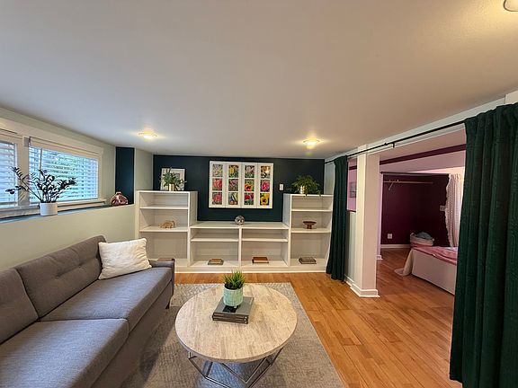Living room with built in storage.