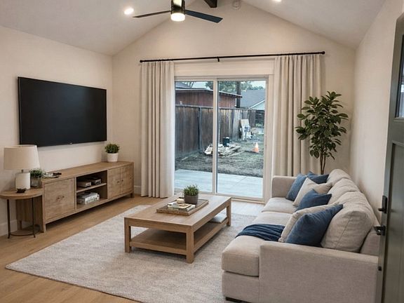 Living room. AI furniture rendering showing possible furniture placement.