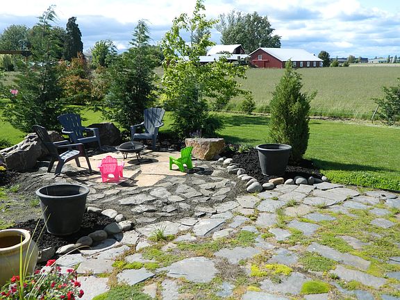 Flagstone patio in backyard