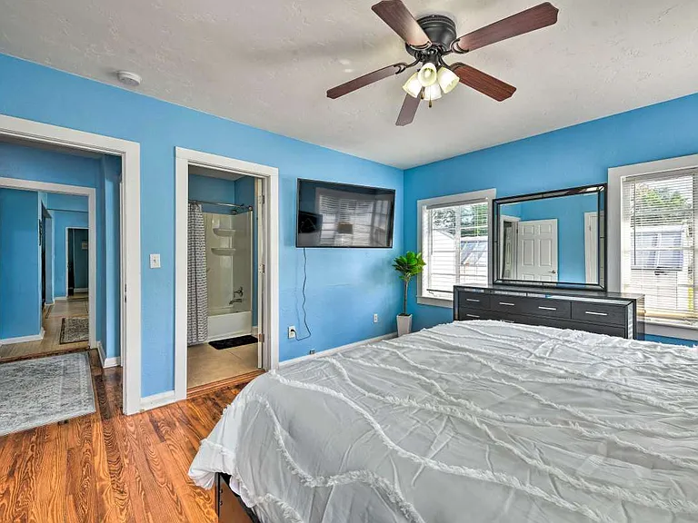 Master bedroom looking into hallway and bathroom