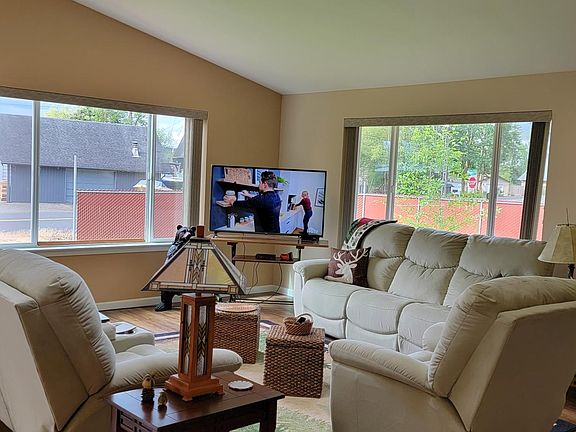 Living room with partial view of the lake across the street.