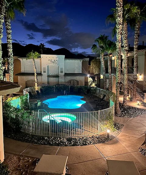 Gorgeous pool and spa area just outside your front door.