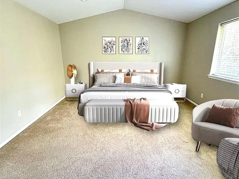 Same room with digitally enhanced furniture to show potential - This is a very large room that can easily hold a king bed. The windows look out to the green belt