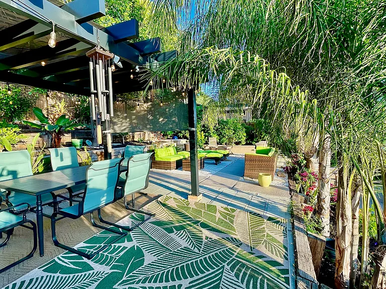 Private patio with 4 tiers and colored lights, new patio furniture, BBQ, fire pit