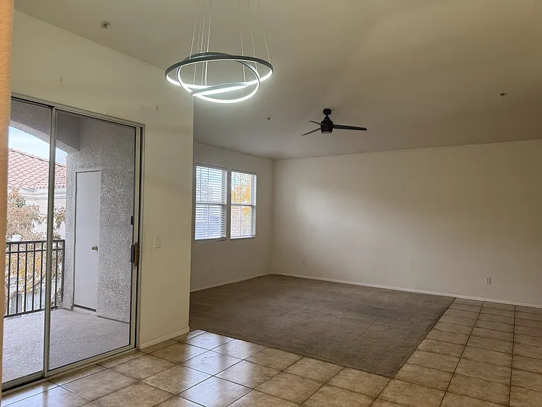 Dining room, balcony, living room.