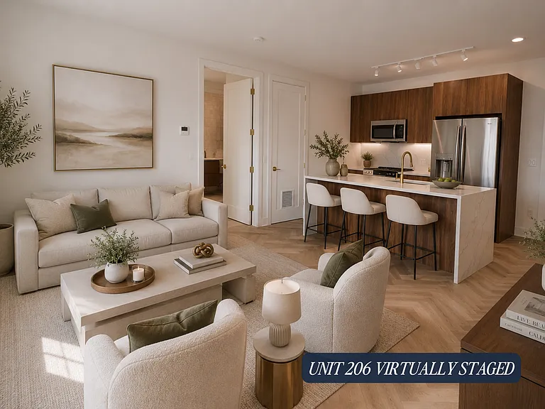 Unit 206 Virtually Staged Living Room & Kitchen