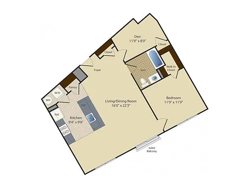 Floor plan One Bedroom One Bath with Den (869 SF)