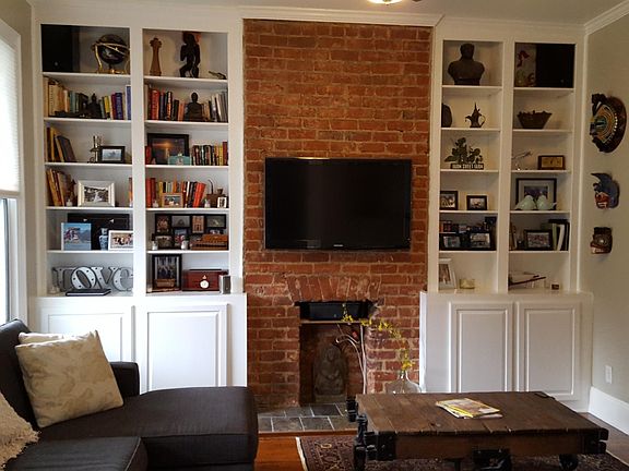 Living room with custom built ins