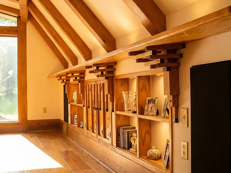 Second-floor family room with wood bracket and shelving detail and vaulted ceiling and, exposed beams. Room orientation facing South