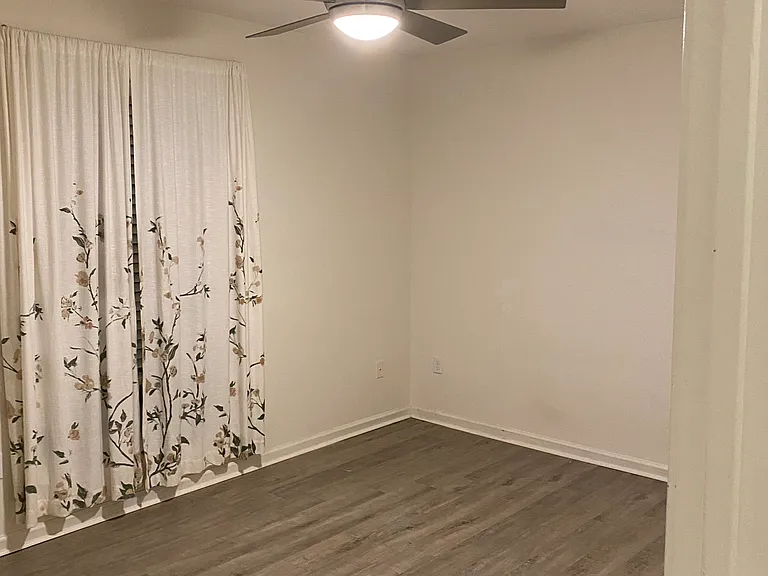 Second bedroom _ remote controlled ceiling fan & light, curtains, and blinds