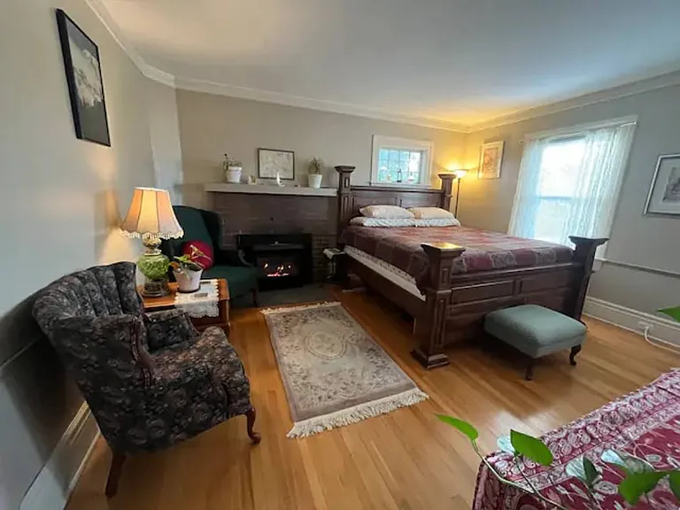 King bed in comfy space with a gas fireplace! Pamper yourself with a soak in the tub then cozy up by the fire.