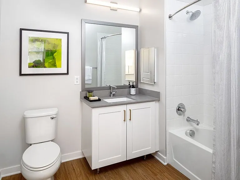 Design Collection II (South Building) Bath with white cabinetry, grey quartz countertops, and hard surface flooring