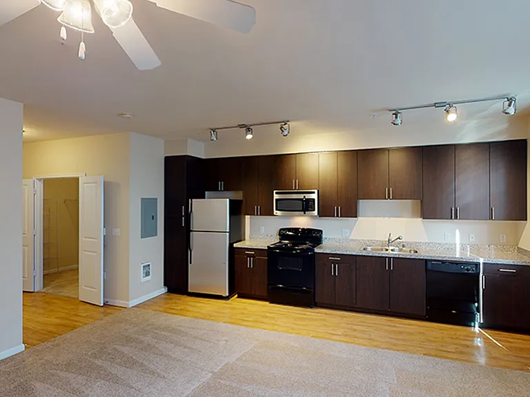 Apartment kitchen with granite countertops and wood-style flooring.