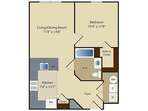 Floor plan One Bedroom One Bath (630 SF)