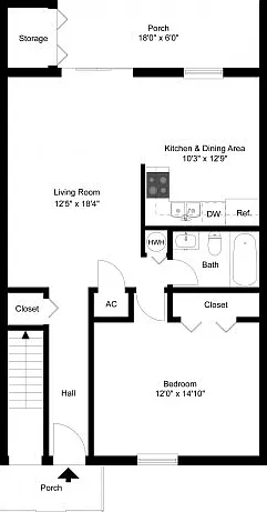 One bedroom downstairs floor plan One bedroom downstairs floor plan