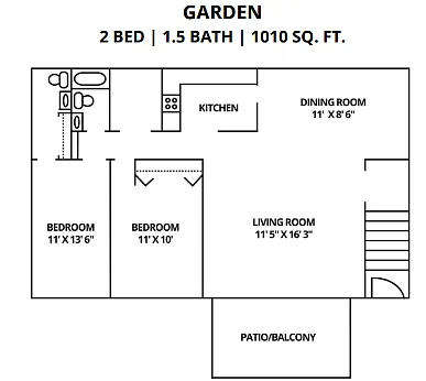 Floor plan 2 Bedroom 1 and Half Bath Garden