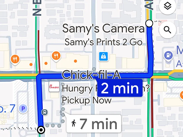 driving 2 minutes, otherwise 7 minutes
