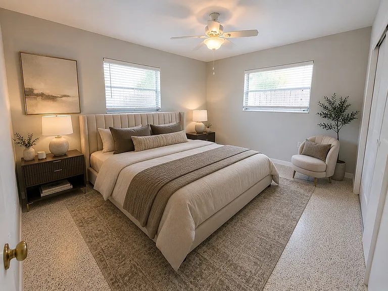 Bedroom #1 with two cedar closets. Terazzo floors (Staged with AI).