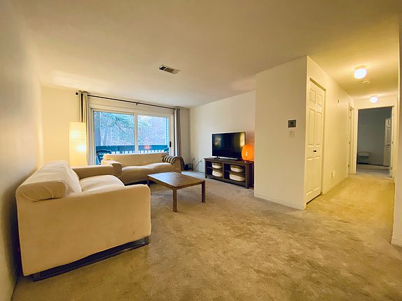 Living room and view of hallway and coat closet. Bedrooms and bath at end of hallway.