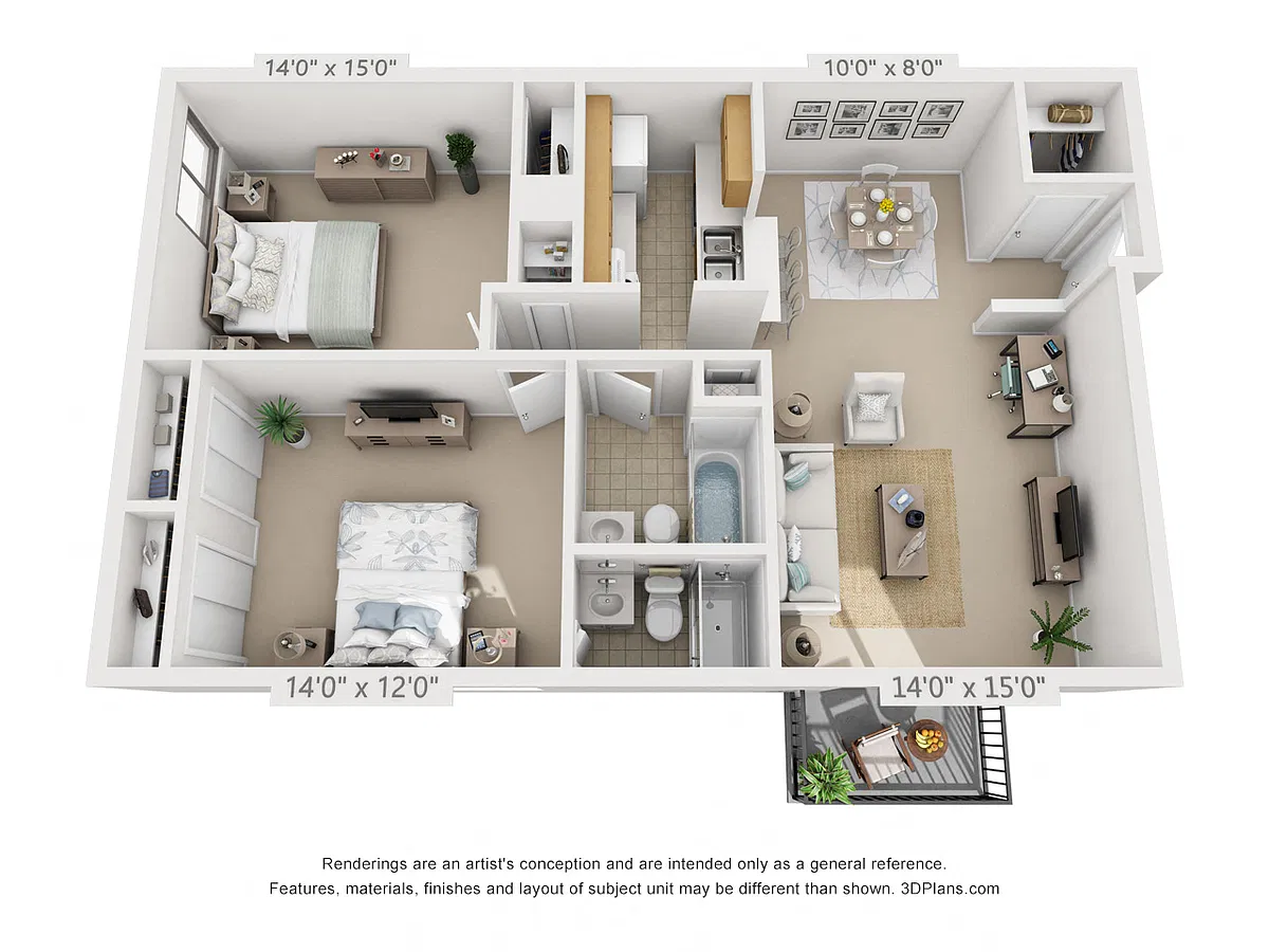 Floor plan 2 Bedroom, 2 Bath (Balcony)