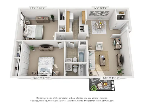 Floor plan 2 Bedroom, 2 Bath (Balcony)